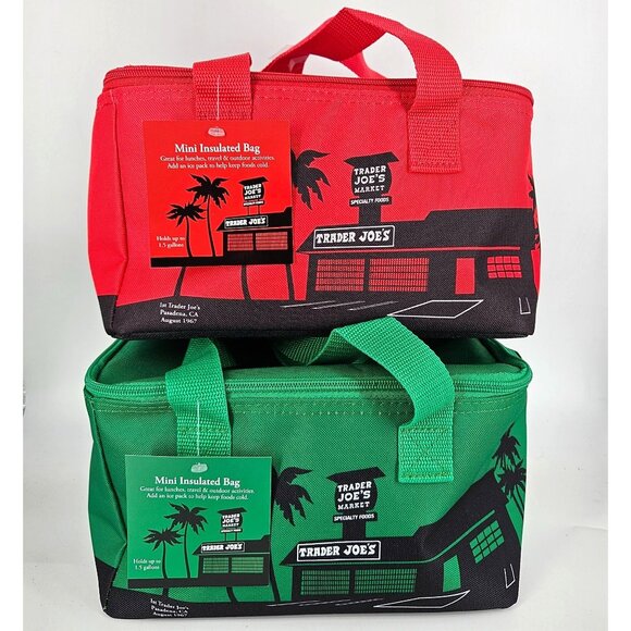 2 Trader Joes Mini Insulated Tote Lunch Bag Red Green Holiday Van 1.5 Gal Six Pk - Picture 1 of 13